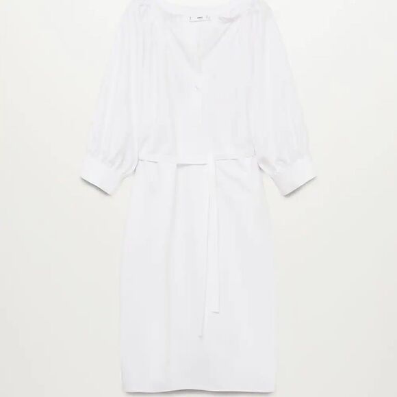 Mango Poplin Cotton White Belted Dress New - Picture 3 of 4